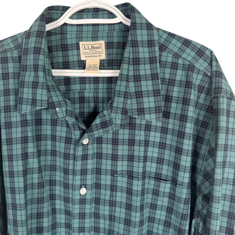 LL Bean Button Down Shirt Mens 2XL Tall Green Plaid Cotton Traditional Fit